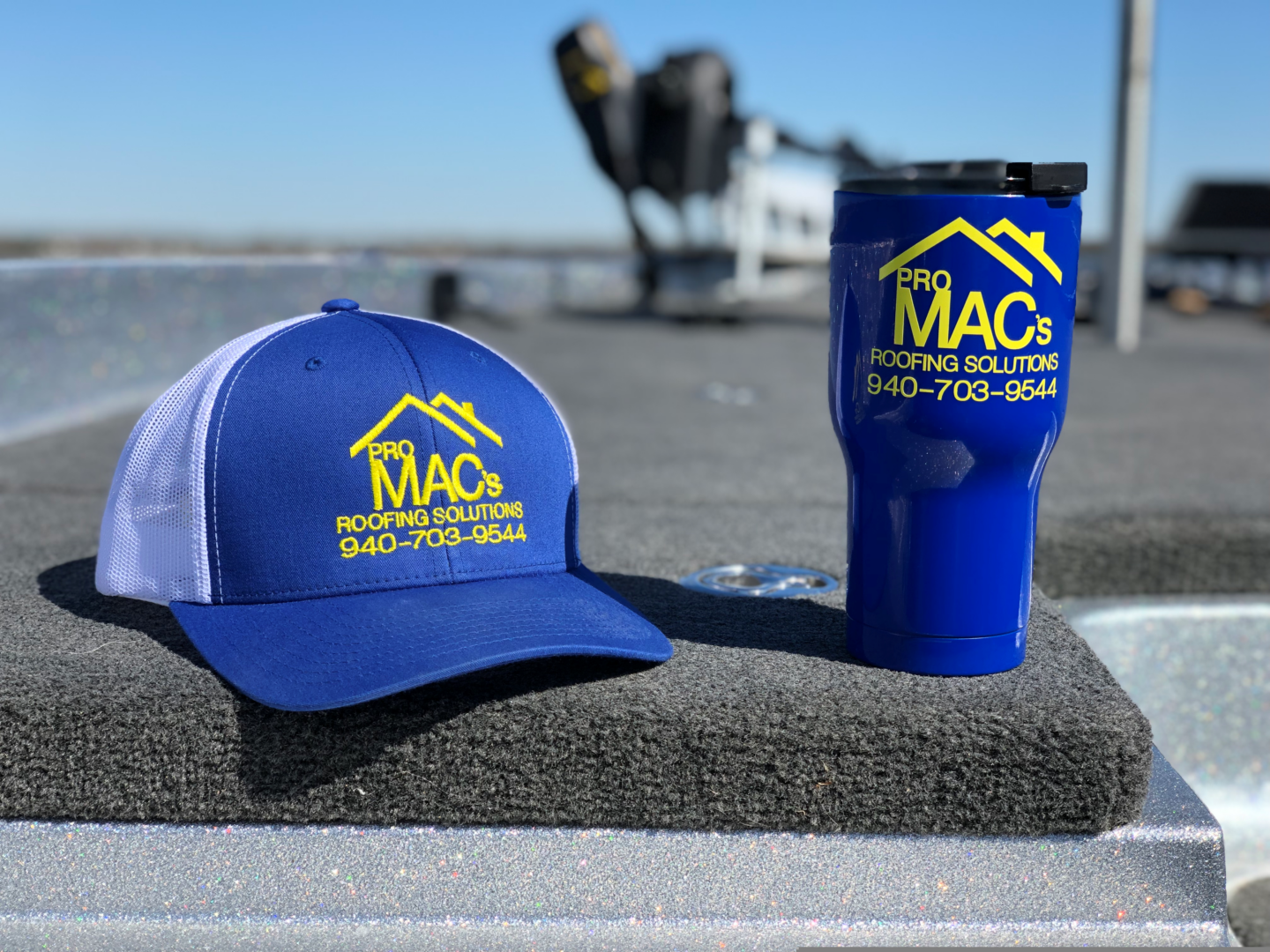 Mac's Roofing hat and tumbler